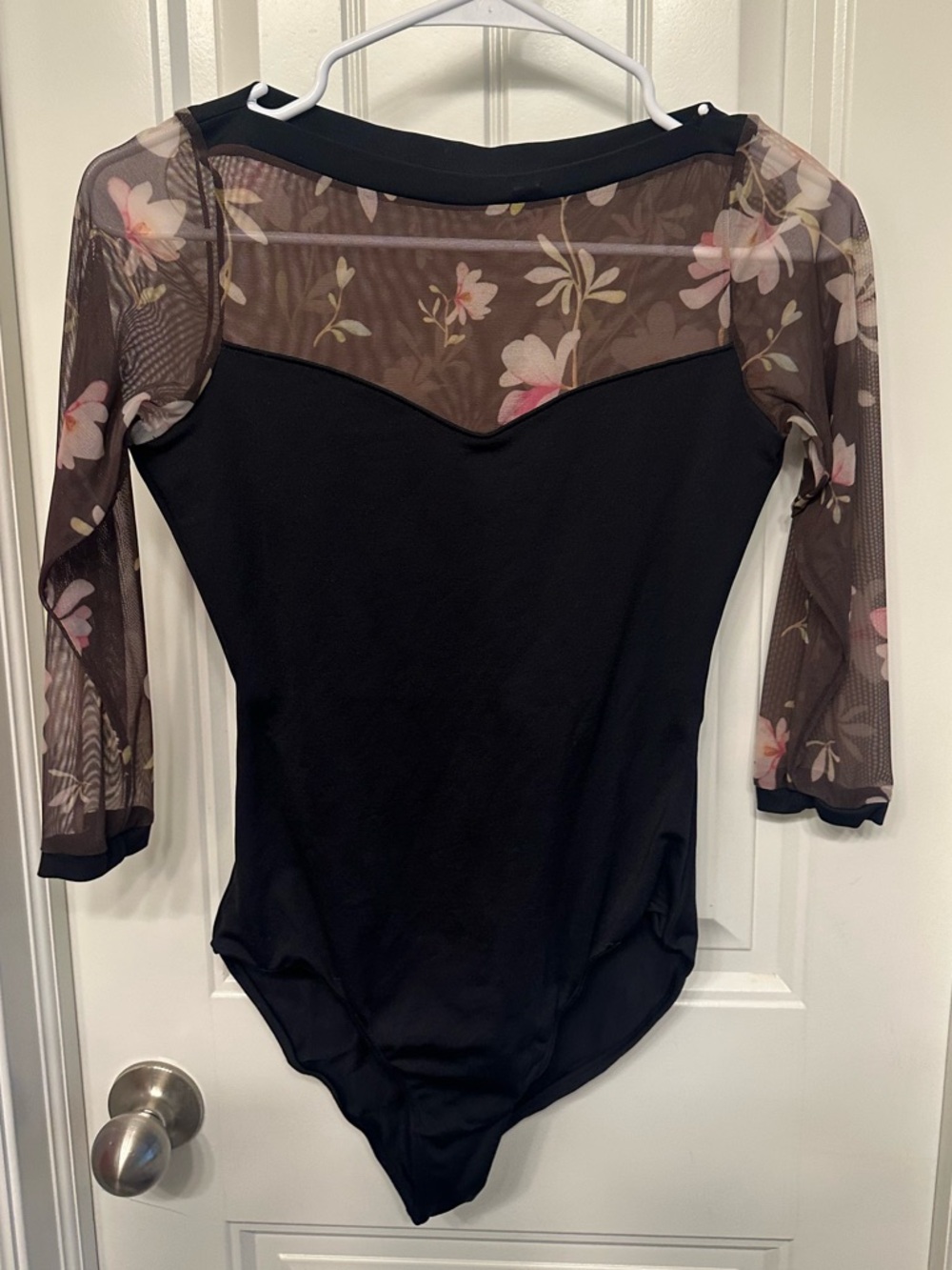 Black Floral Mesh-Sleeve Women’s leotard